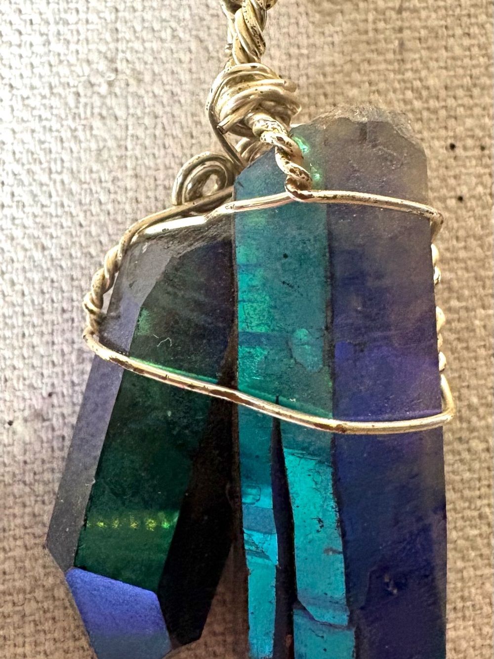 Blue-Teal Crystal Point Pendant Necklace with Gold Wire Wrap